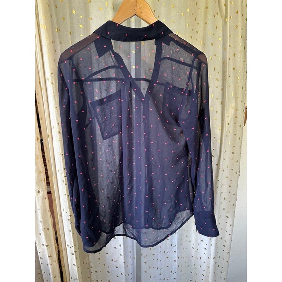 Express Women's Sheer Navy Polka Dot Hearts Button Down Portofino Shirt M - Picture 4 of 7